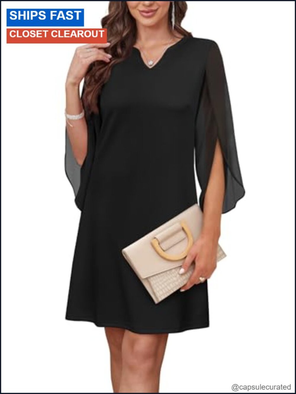 Chiffon 3/4 Sleeve V-Neck A-line Cocktail Dress Wedding Guest Midi
